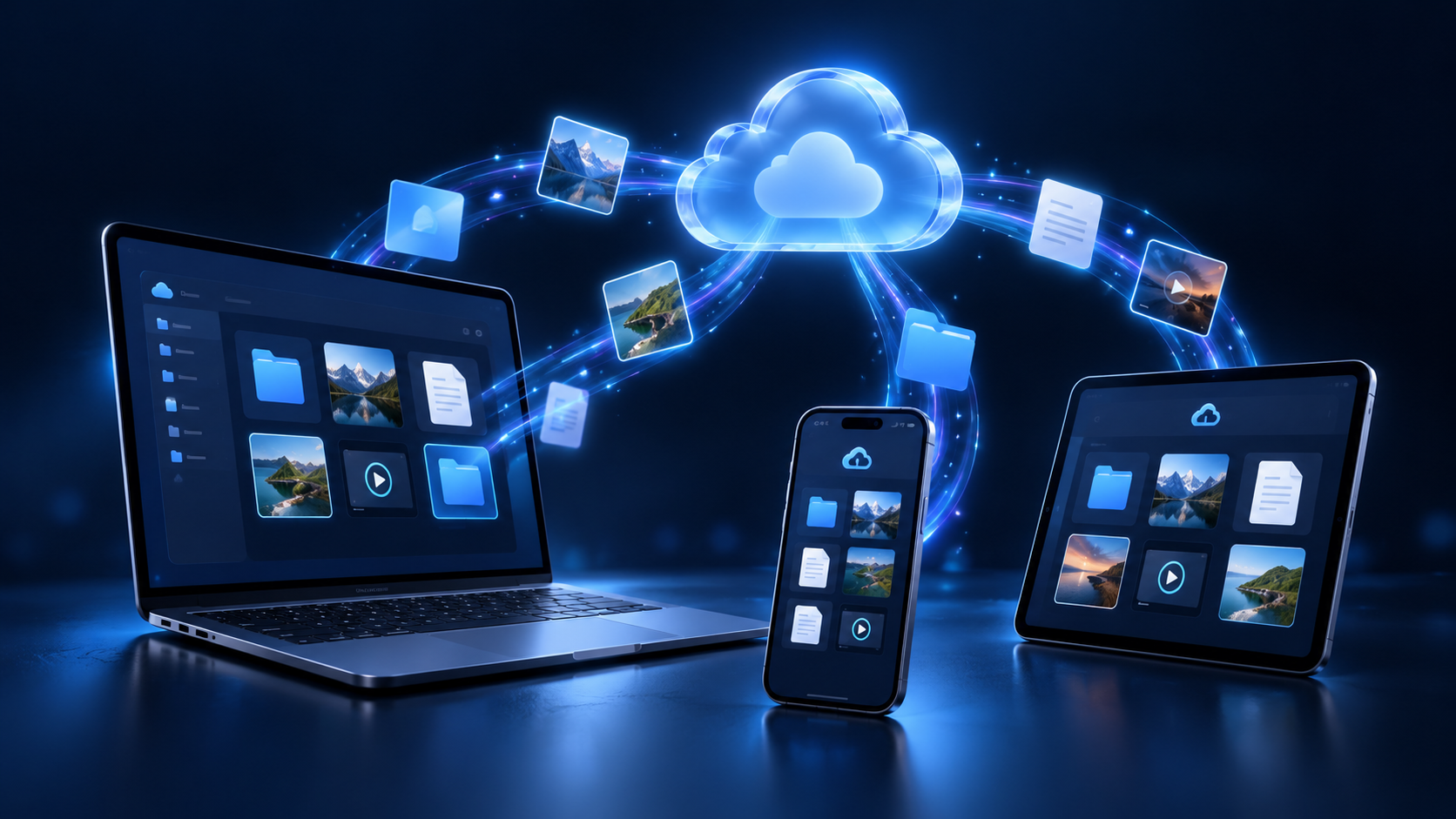 Illustration af filer, der forbinder en computer, telefon og tablet med en fælles cloud